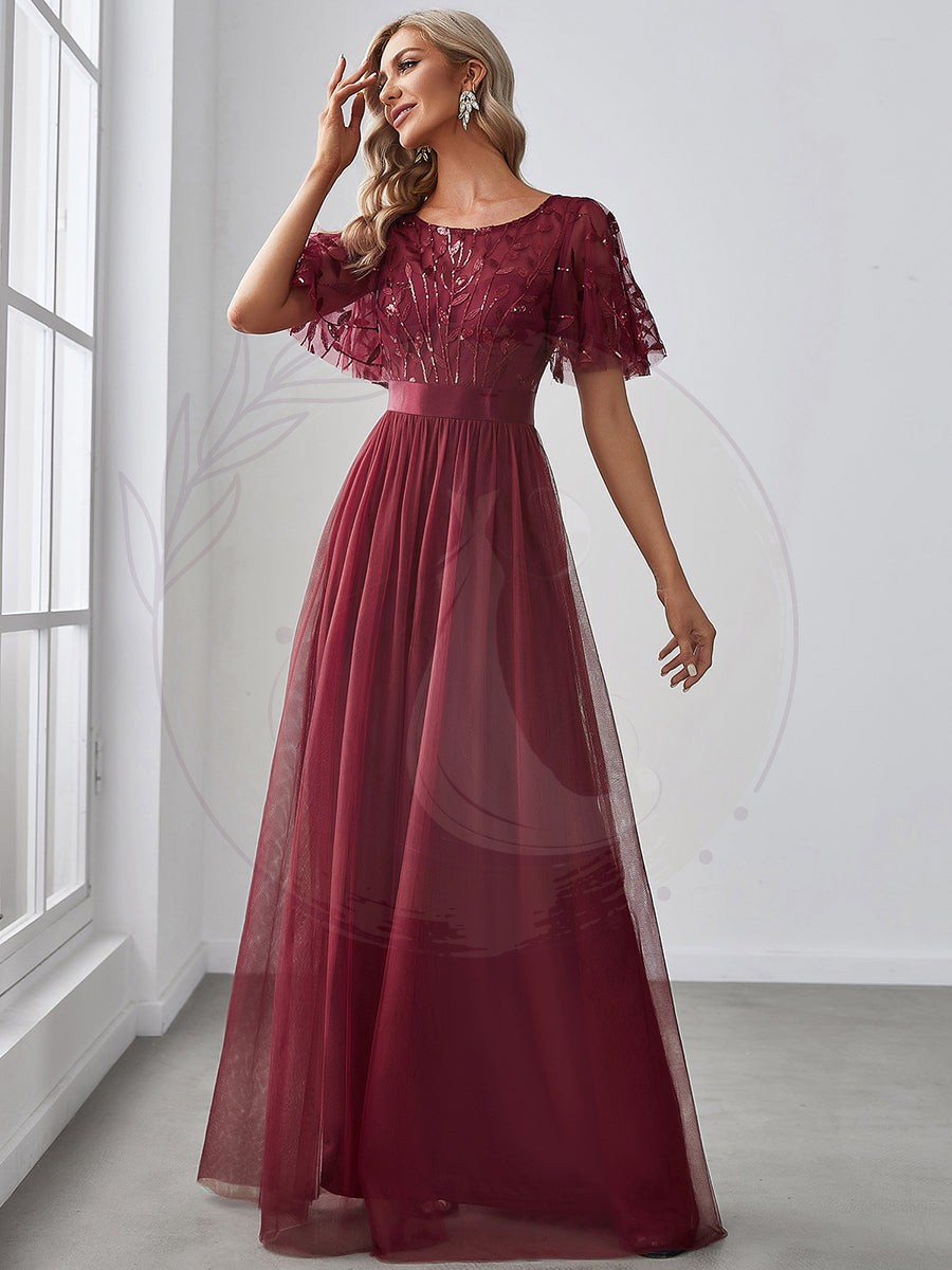 Taille personnalisée Robes de soirée brodées à manches courtes pour femmes
