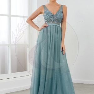 Robe Demoiselle d’Honneur Longue en Dentelle Florale à Col en V