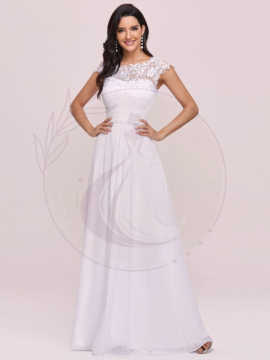 Robe de mariée en mousseline plissée unie avec décorations en dentelle – Image 2