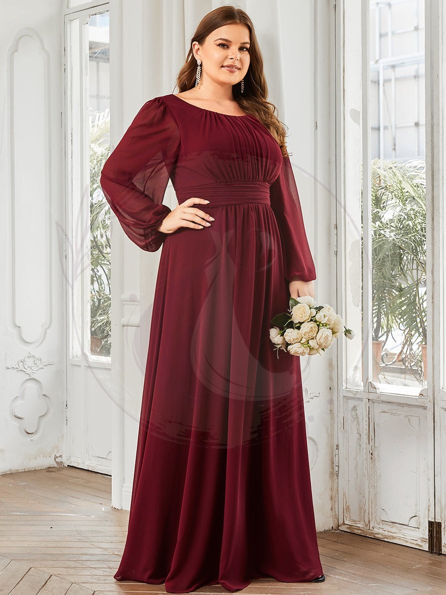 Robe de demoiselle d’honneur plissée à manches longues transparente de grande taille