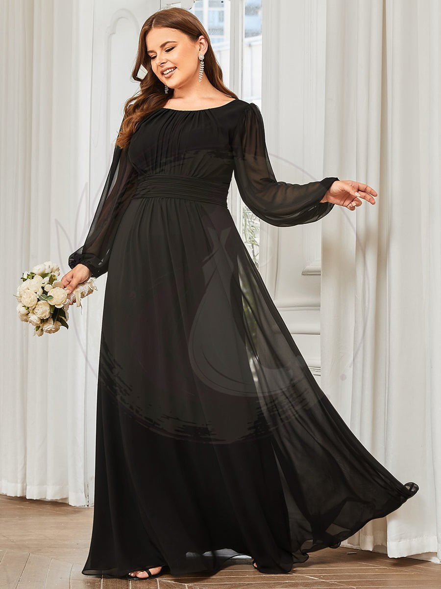 Robe de demoiselle d’honneur plissée à manches longues transparente de grande taille – Image 4