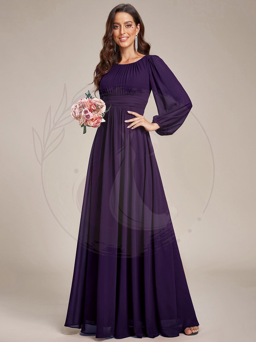 Robe demoiselle d’honneur en mousseline à taille haute Manches bouffantes – Image 5