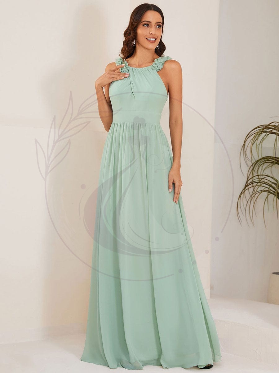 Robe demoiselle d’honneur mousseline plissée sans manches Appliques florales – Image 7