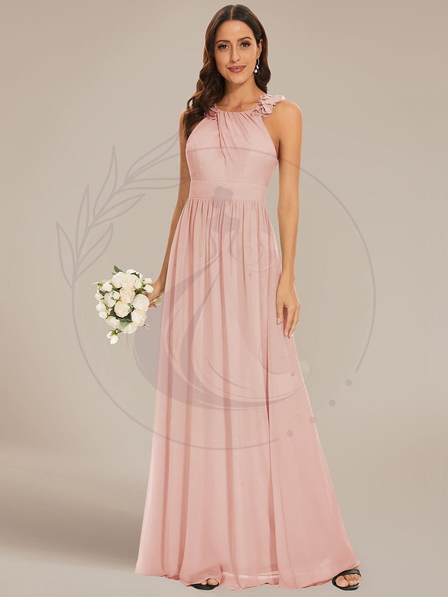 Robe demoiselle d’honneur mousseline plissée sans manches Appliques florales – Image 2