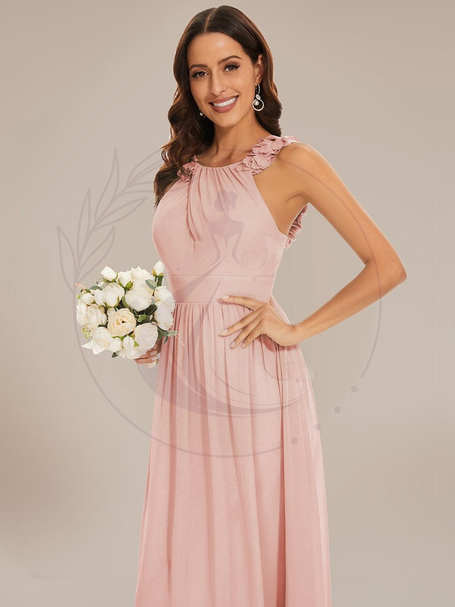 Robe demoiselle d’honneur mousseline plissée sans manches Appliques florales – Image 9