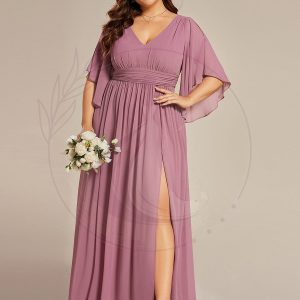 Grande Taille Robe Curvy en mousseline plissée Col V manches mi-longues