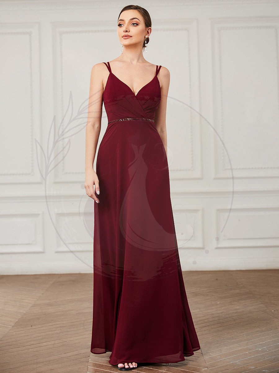 Robe de demoiselle d’honneur en mousseline de soie à double bretelle minces et ceinture à sequins – Image 2