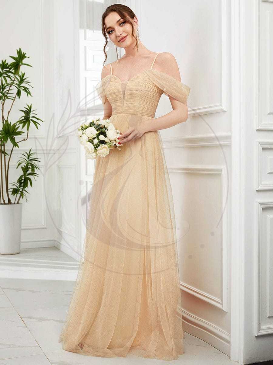 Robe de demoiselle d’honneur en tulle à épaules dénudées et bretelles fines – Image 7