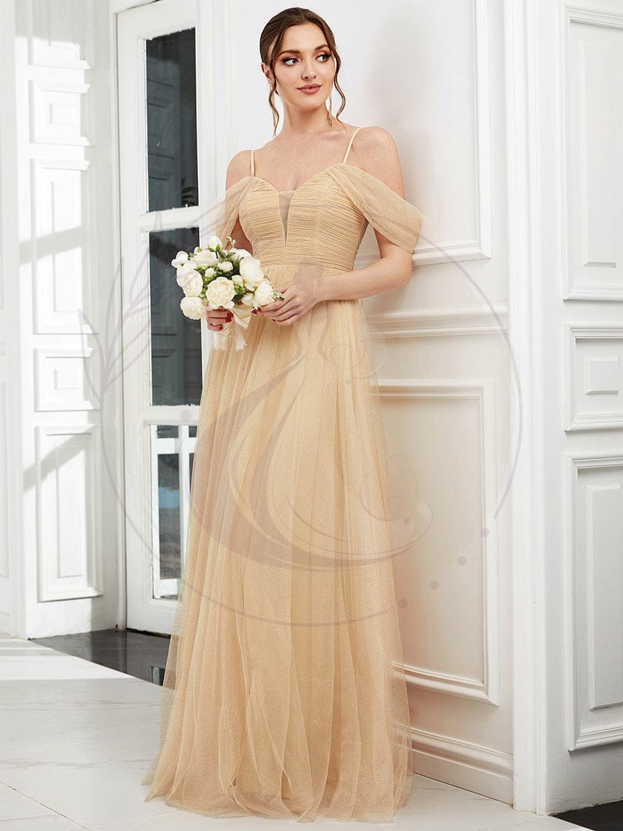 Robe de demoiselle d’honneur en tulle à épaules dénudées et bretelles fines – Image 3