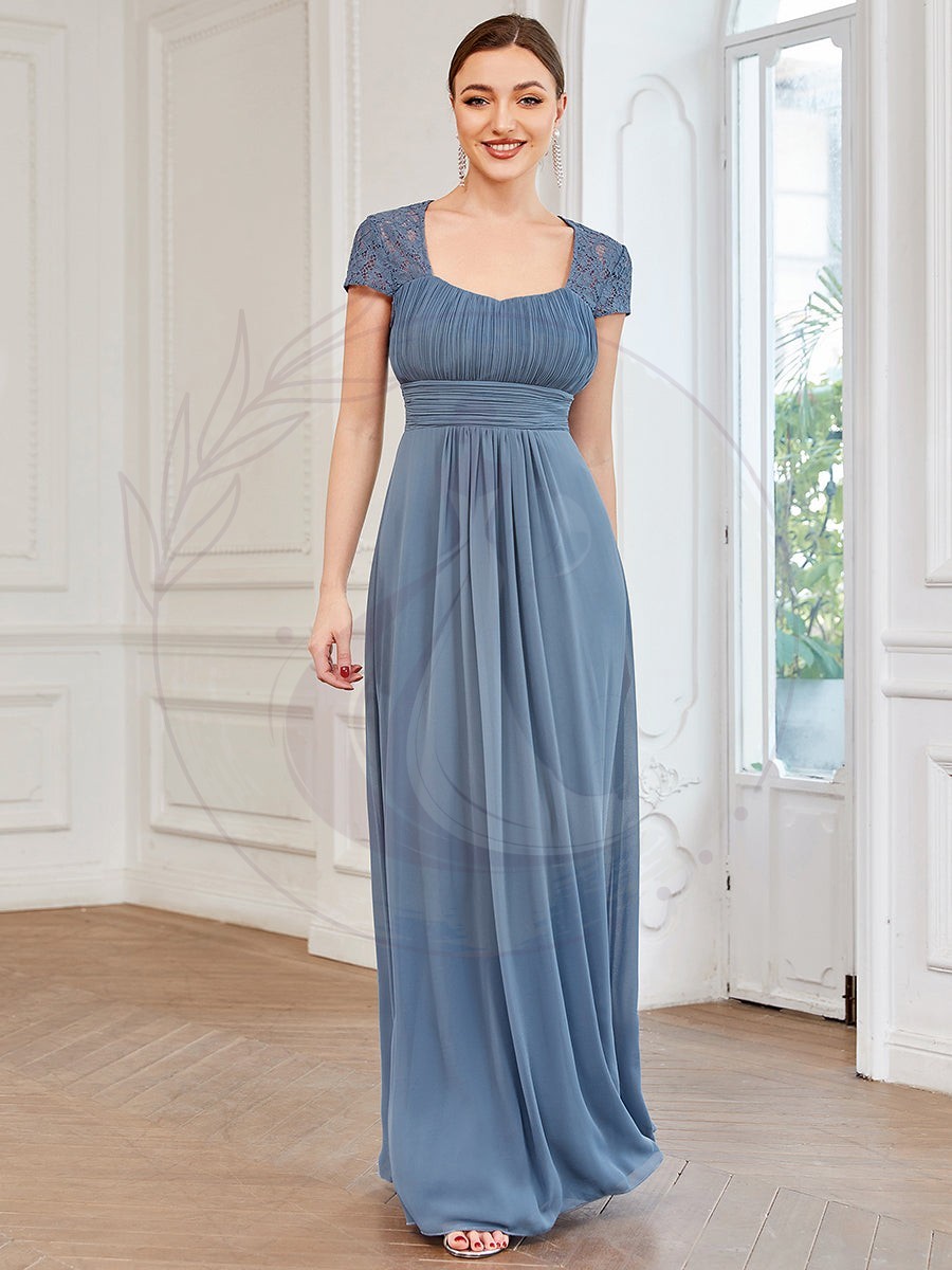 Robe de Demoiselle d’Honneur à Manches Courtes en Dentelle Plissée