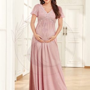Robe de Maternité trapèze en dentelle bohème à manches courtes et encolure en V