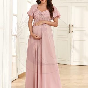 Robe de maternité plissée mousseline à col en V et dos noué