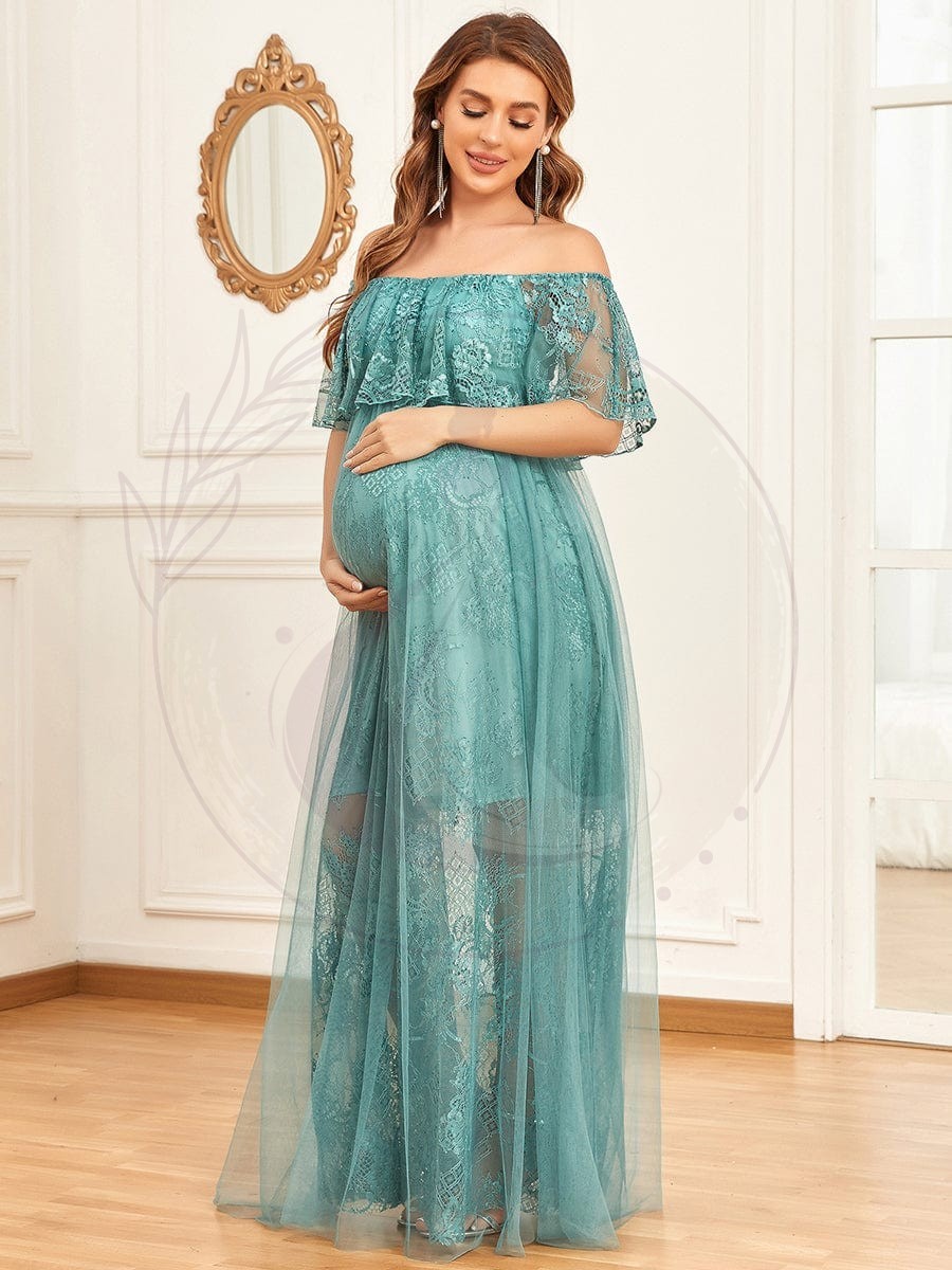 Robe de maternité trapèze en dentelle plissée transparente à épaules dénudées – Image 8