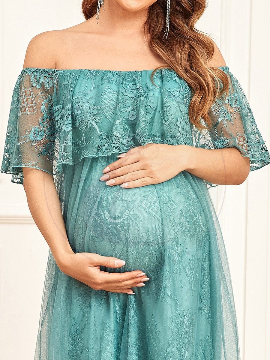 Robe de maternité trapèze en dentelle plissée transparente à épaules dénudées – Image 5