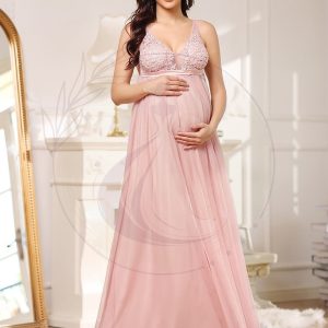 Robe de soirée de maternité longue côtelée en V profond avec corsage brodé