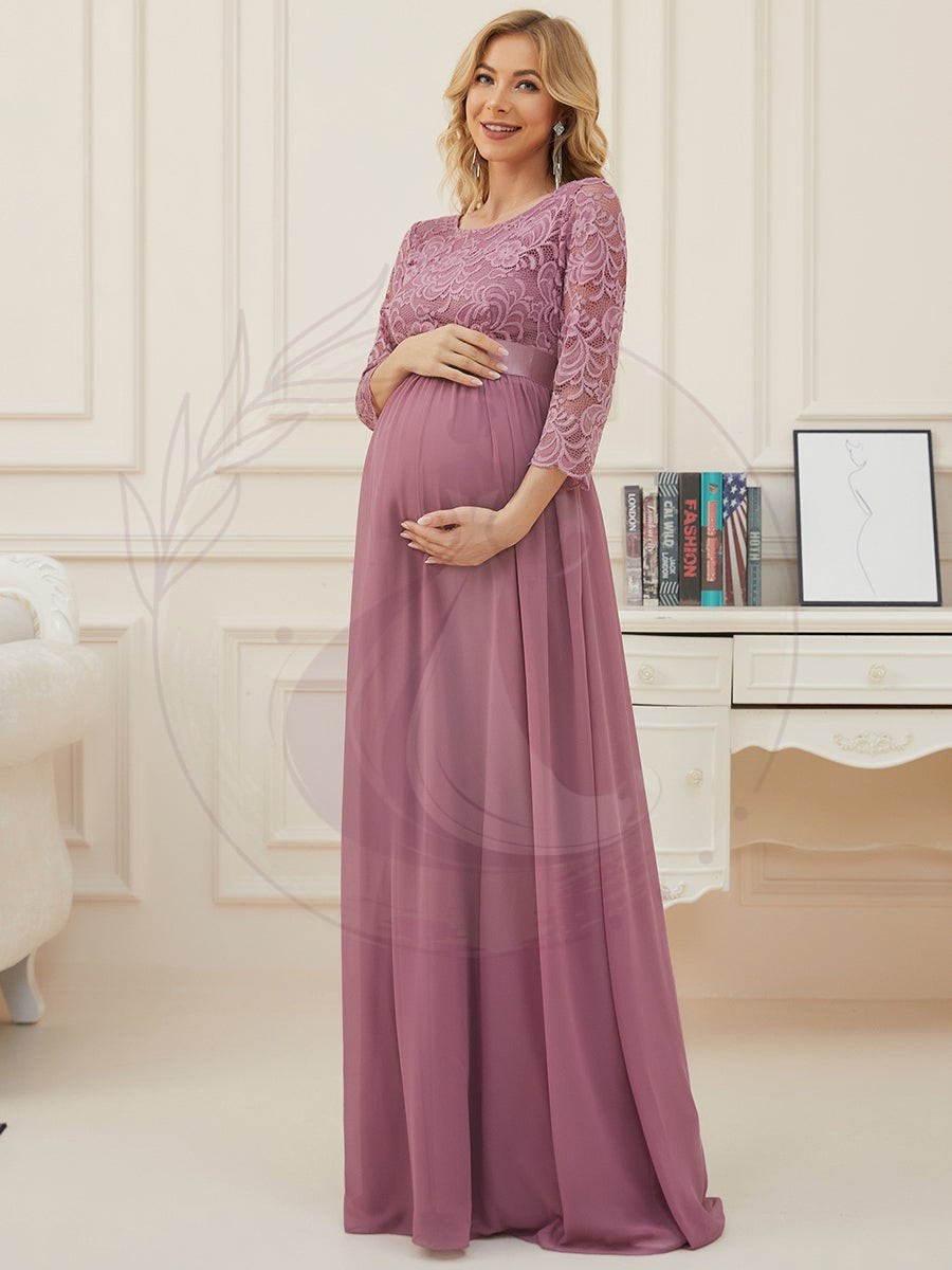 Robe de soirée glamour à demi-manches col rond et dos brodé pour maternité – Image 6