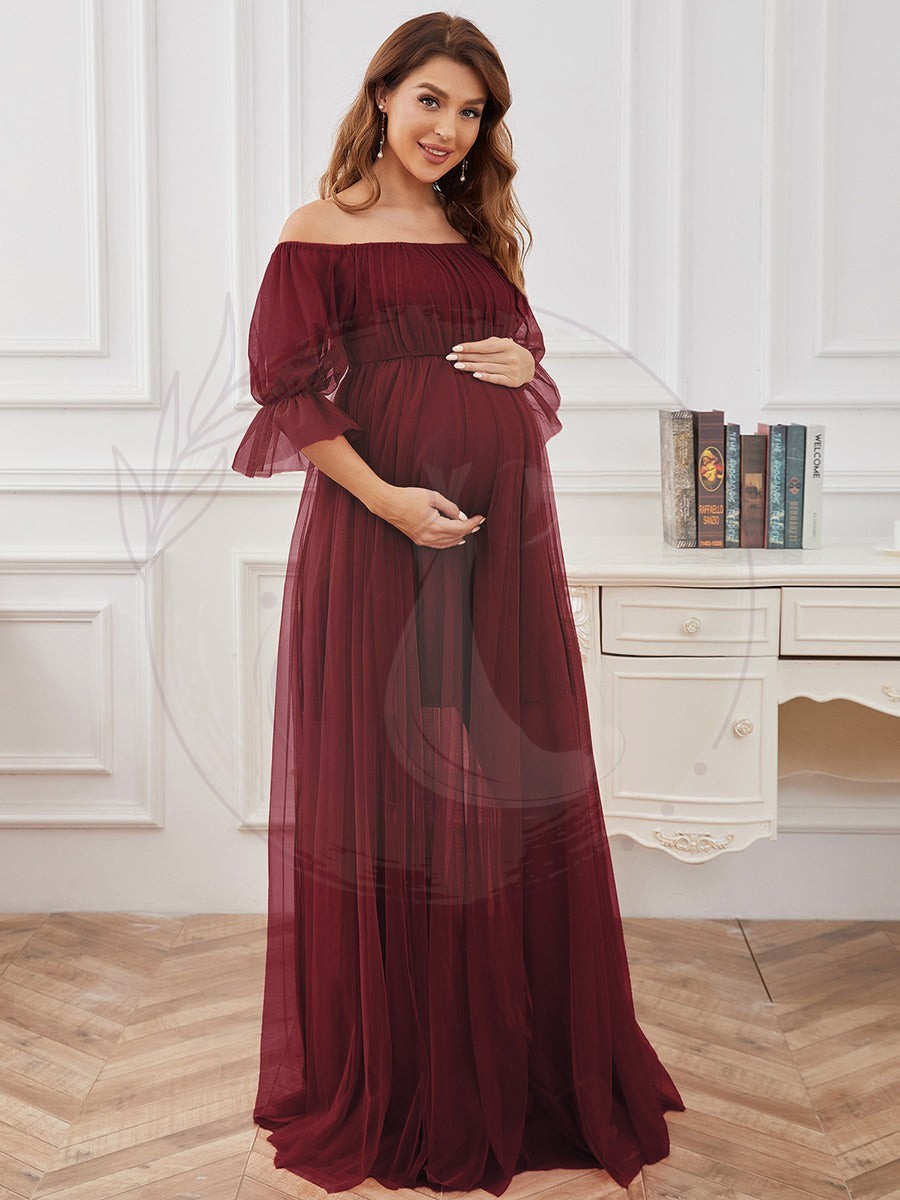 Maxi robe de maternité en tulle plissé à épaules dénudées – Image 5