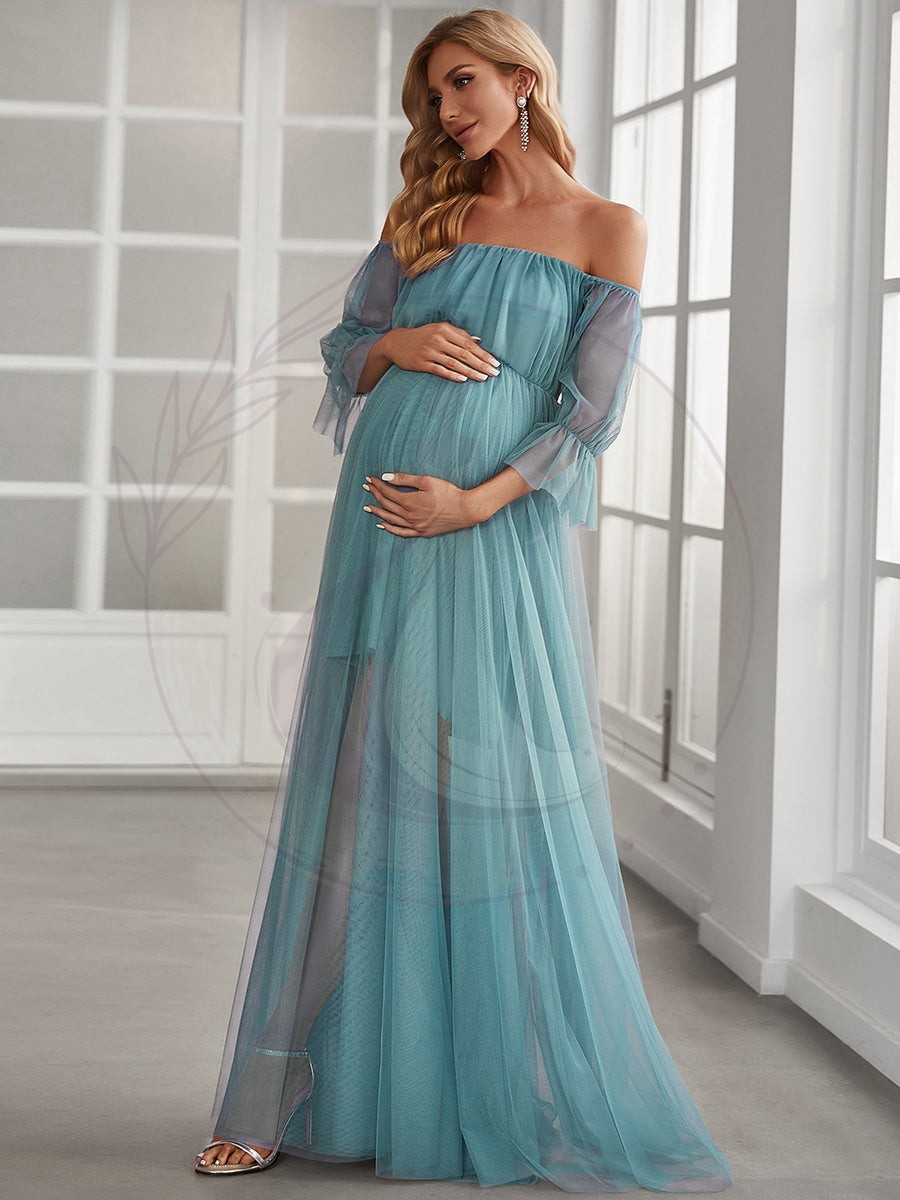Maxi robe de maternité en tulle plissé à épaules dénudées – Image 7