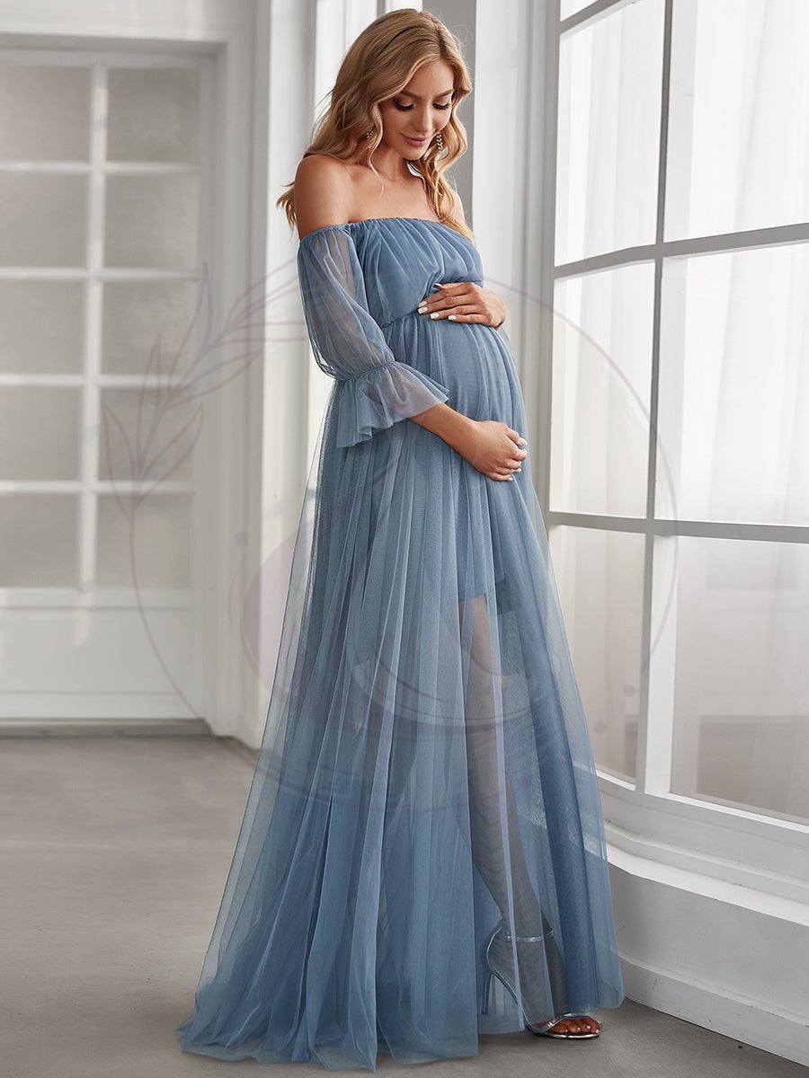Maxi robe de maternité en tulle plissé à épaules dénudées – Image 8
