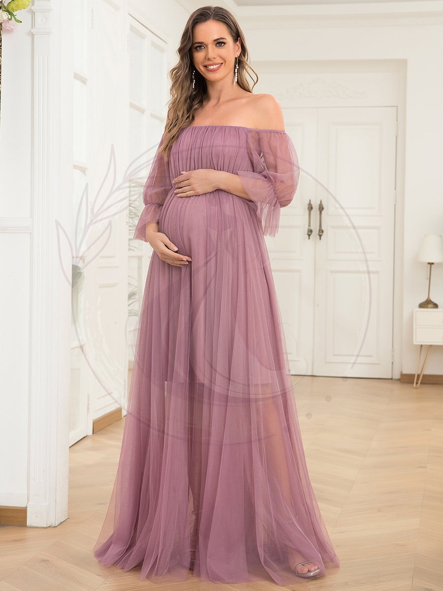Maxi robe de maternité en tulle plissé à épaules dénudées – Image 4