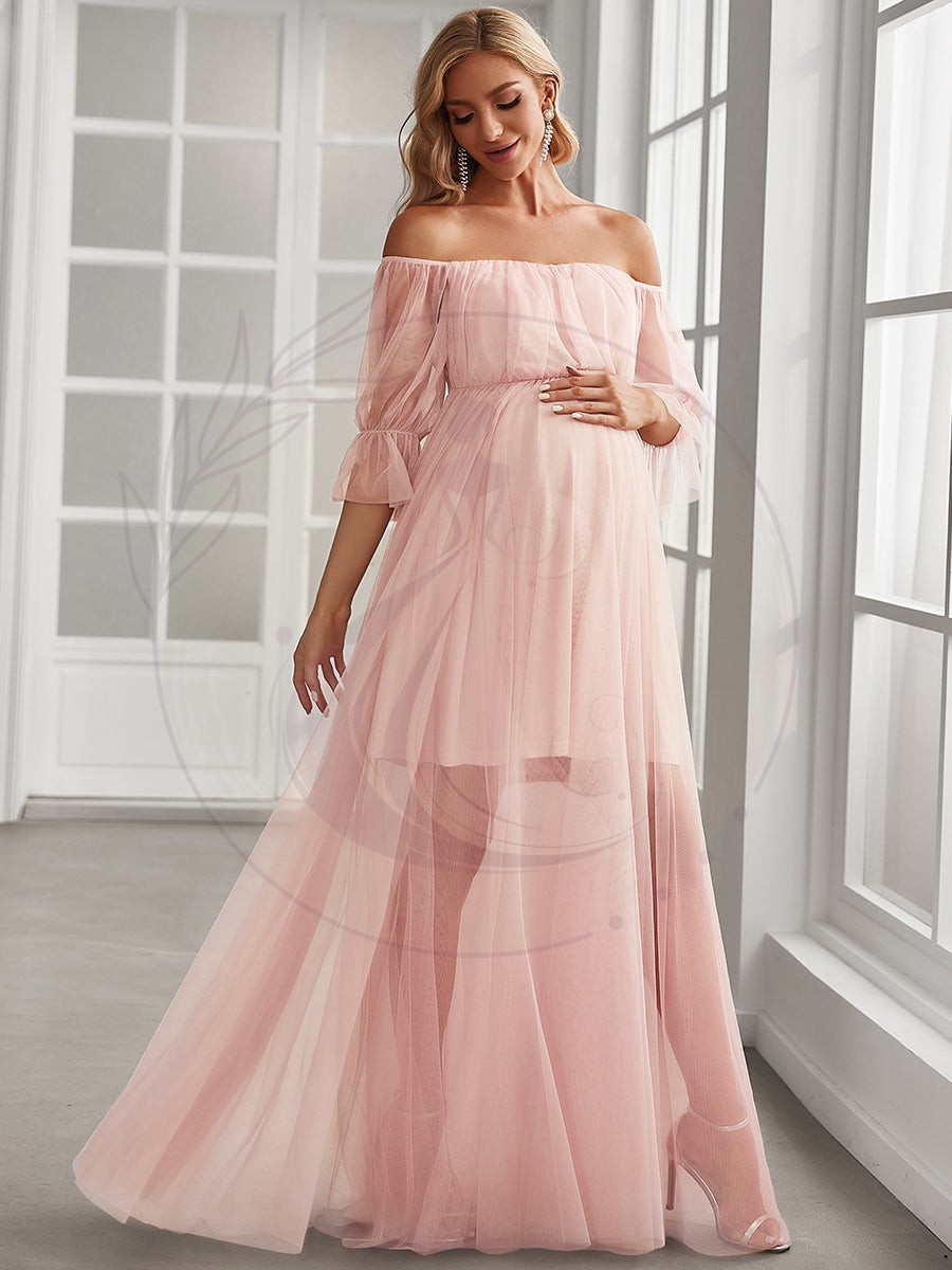 Maxi robe de maternité en tulle plissé à épaules dénudées – Image 9