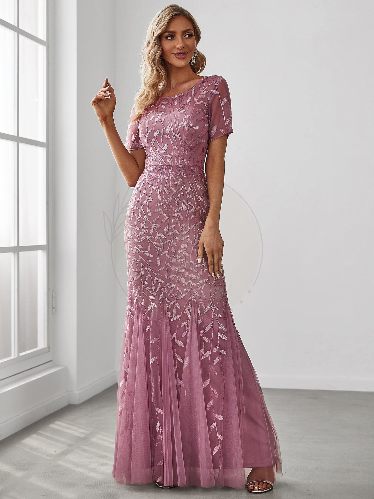 Robes demoiselle d’honneur Sirène en Tulle à Imprimé Floral et Paillettes – Image 2