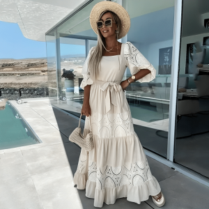 Robe Longue Champêtre en Dentelle Beige