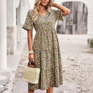 Robe fleurie bohème mi-longue col V