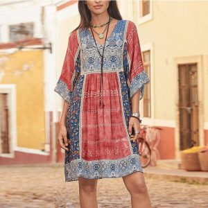 Robe style bohème grande taille mini rouge imprimé