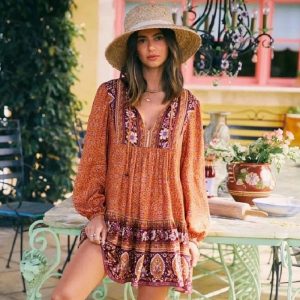 Hippie robe bohème chic longues manches orange imprimée