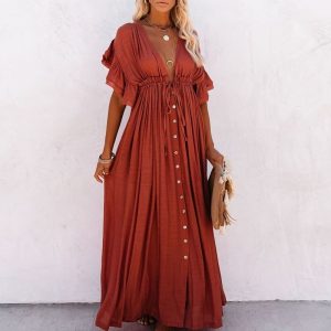 Robe bohème chic terracotta avec manches papillons rouges