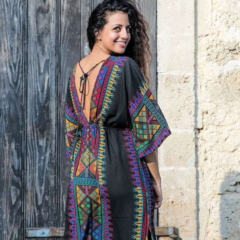 Hippie robe bohème chic noire imprimé Mexicain à manches courtes – Image 2