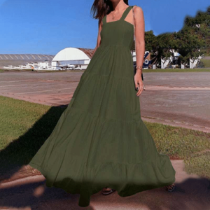 Robe longue bohème chic à volant verte militaire