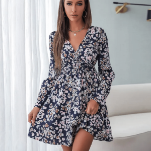 Robe bohème chic bleue à motifs décolleté en V profond