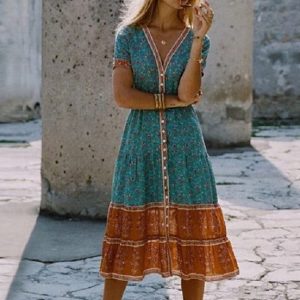 Robe longue bohème chic à fleurs bleue manches courtes