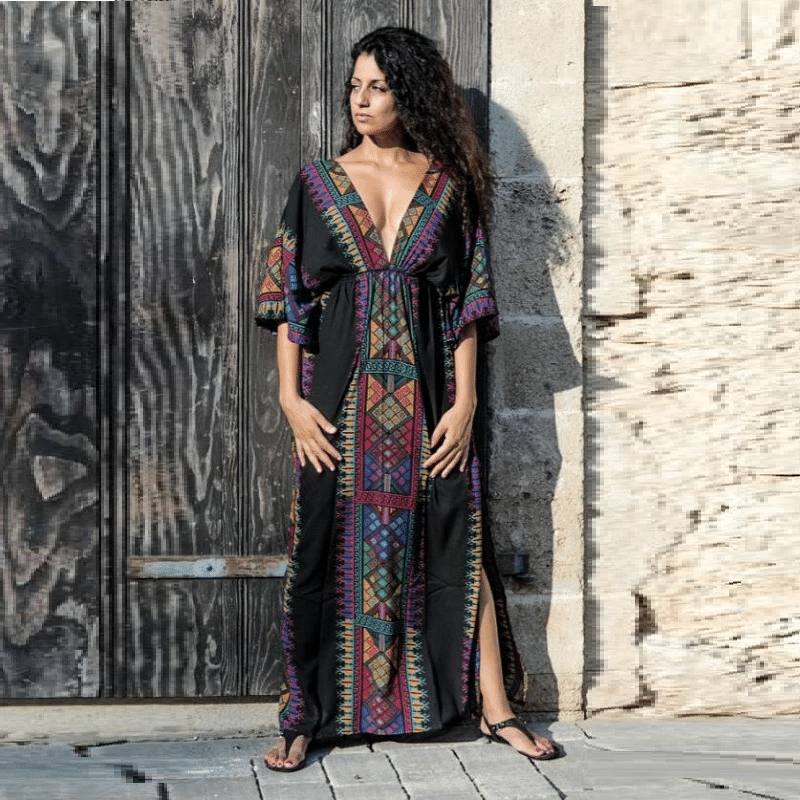 Hippie robe bohème chic noire imprimé Mexicain à manches courtes
