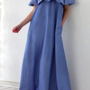 Robe Longue Bohème Bleu à Volants