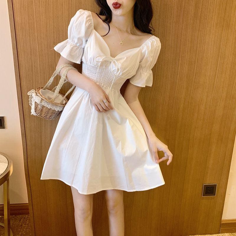 Robe blanche courte bohémienne manches bouffantes – Image 2