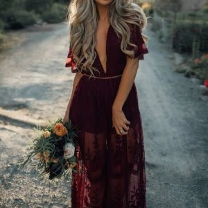 Robe de mariée champêtre dentelle rouge