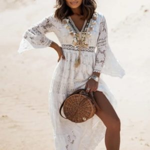 Robe longue bohème blanche en dentelle