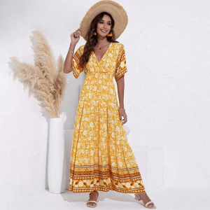 Robe bohème hippie longue jaune avec manches courtes