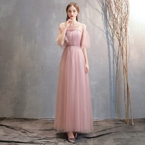 Robe bohème chic demoiselle d’honneur Rose Poudré avec manches dépareillées