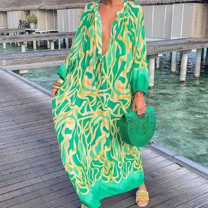 Robe bohème chic vintage verte avec col profond