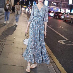 Robe cocktail style bohème chic imprimé col en V élégant longue