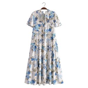 Robe longue voile de coton à volants et imprimé de fleurs bleue