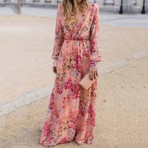 Robe longue bohème chic rose poudré à imprimé Floral