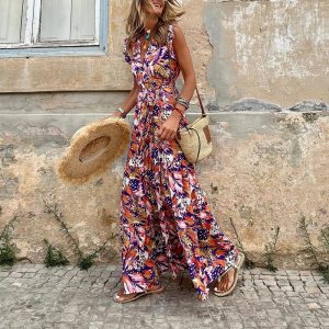 Robe bustier longue bohème orange à fleurs décontractée