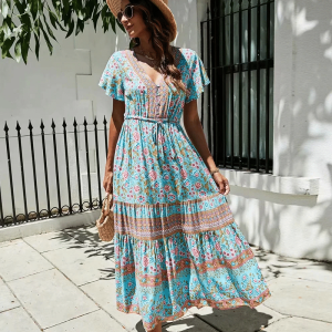 Robe longue bohème chic bleue ciel imprimé floral