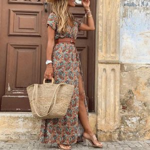 Hippie robe bohème chic marron vintage manches courtes