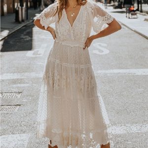 Robe bohème en dentelle à volants blanche longues